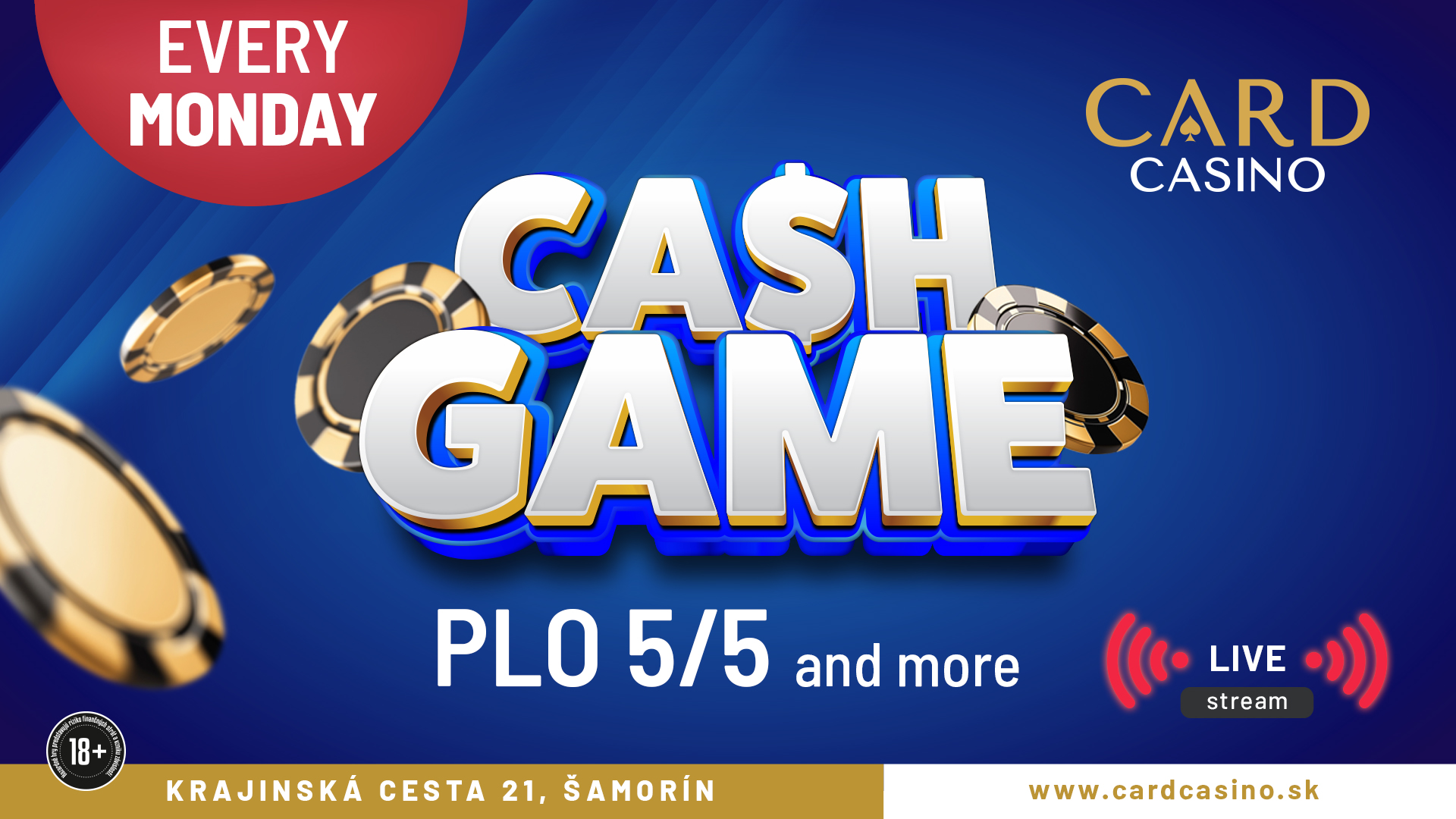 Cash Game PLO 5/5 každé pondelkové večery v Card Casino Šamorín!
